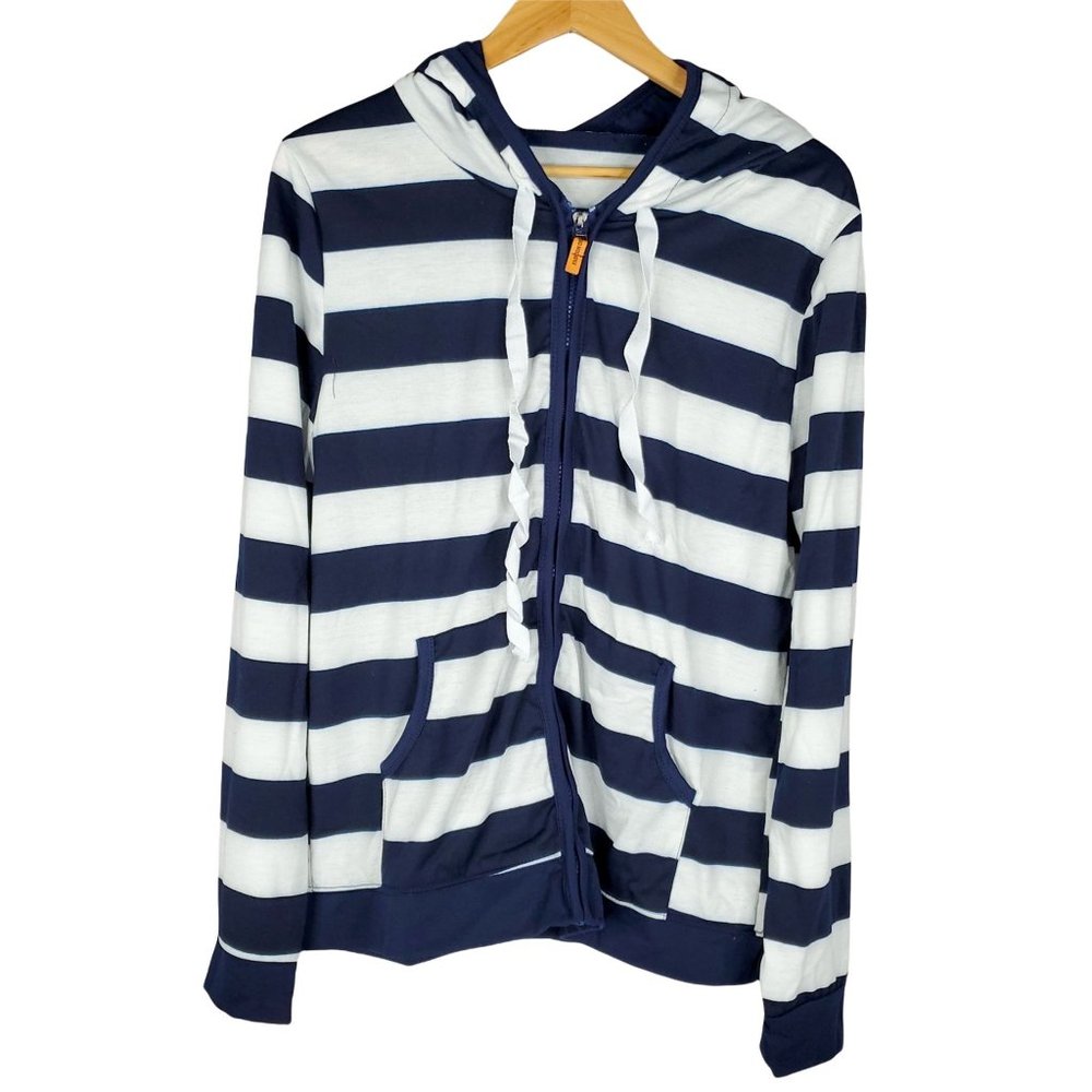 Hooded Hoodie Long Sleeve Striped Sweatshirt Size XXL Blue White Pockets